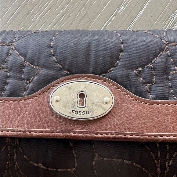Fossil Key-Per Y2K Quilted Textile Leather Trim Black Brown Trifold Wallet EUC - Picture 12 of 12